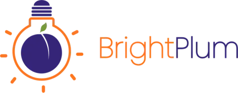 BrightPlum text to the right of upside down lightbulb logo with plum inside