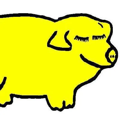 Simple cartoon drawing of a yellow dog with closed eyes outlined in black.