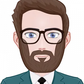 Cartoon-style avatar of a bearded man with glasses wearing a suit and tie.