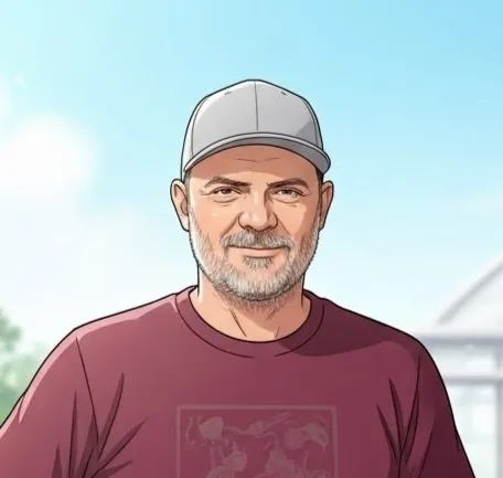 Illustrated portrait of a man with a gray beard wearing a baseball cap and maroon shirt outdoors.