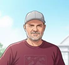 Illustrated portrait of a man with a gray beard wearing a baseball cap and maroon shirt outdoors.