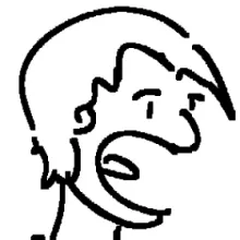 Simple black-and-white cartoon-style drawing of a person with medium-length hair and an open mouth expression.