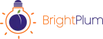 BrightPlum text to the right of upside down lightbulb logo with plum inside