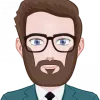 Cartoon-style avatar of a bearded man with glasses wearing a suit and tie.